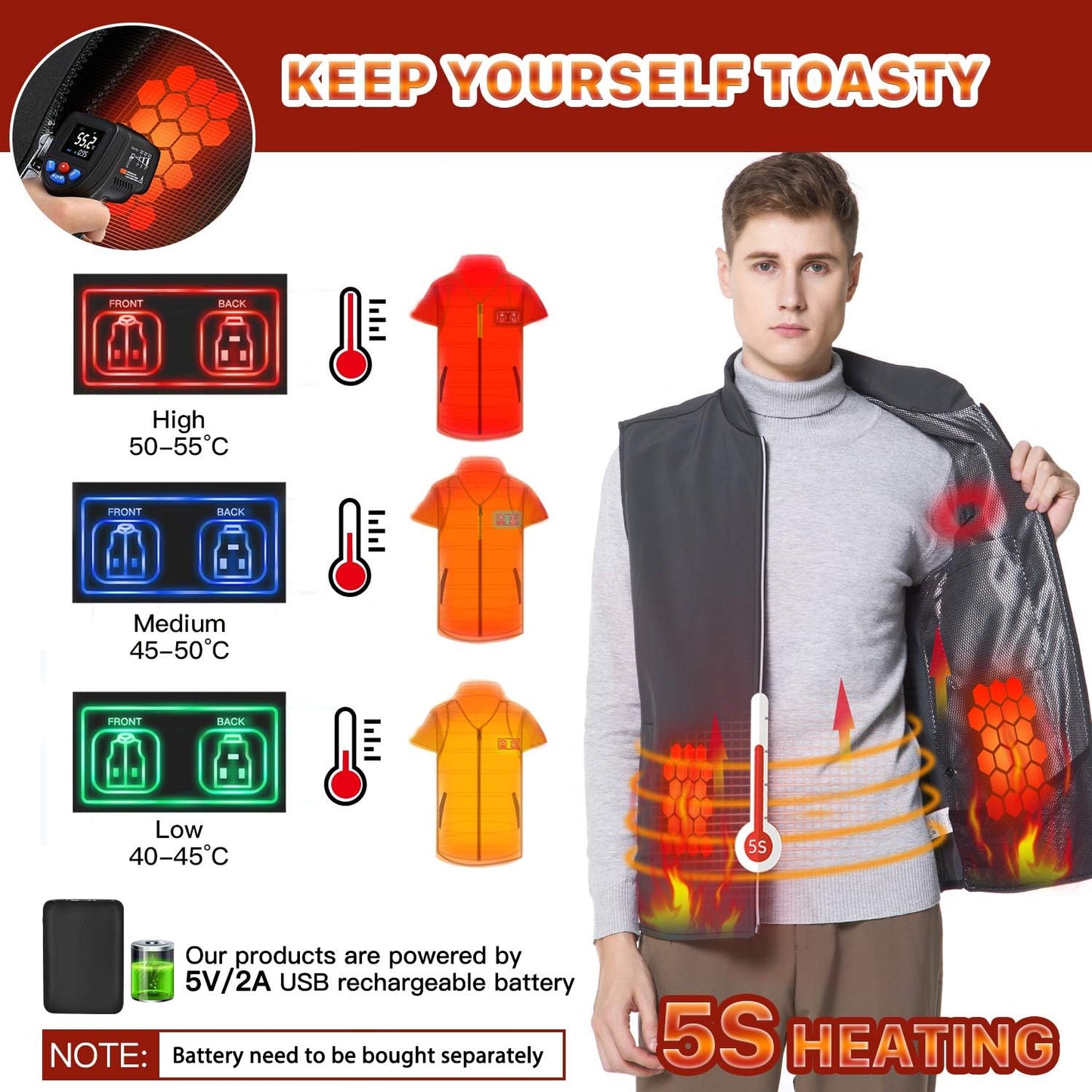 Unisex Heated Jacket, USB Electric Heat Vest for Men Women (Not Include Battery)