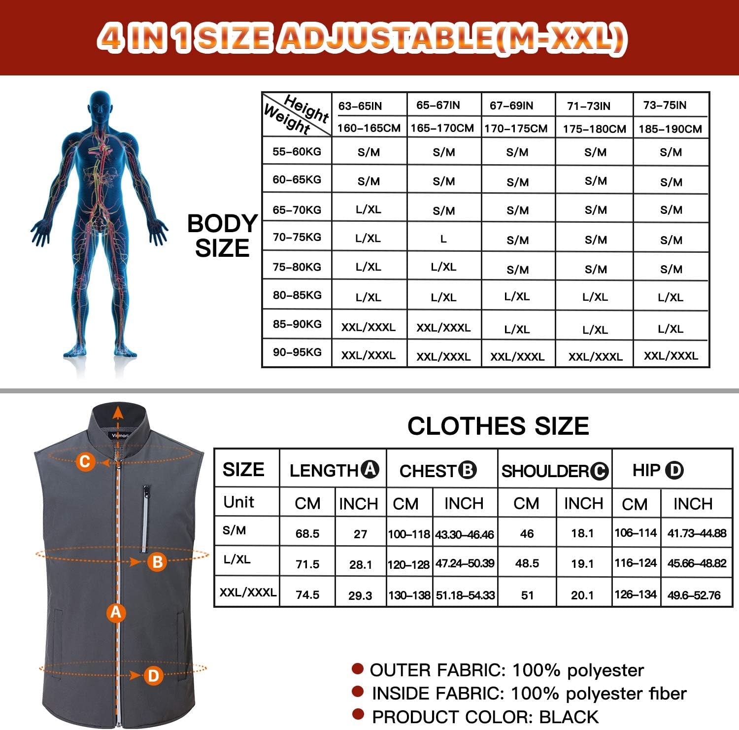 Unisex Heated Jacket, USB Electric Heat Vest for Men Women (Not Include Battery)